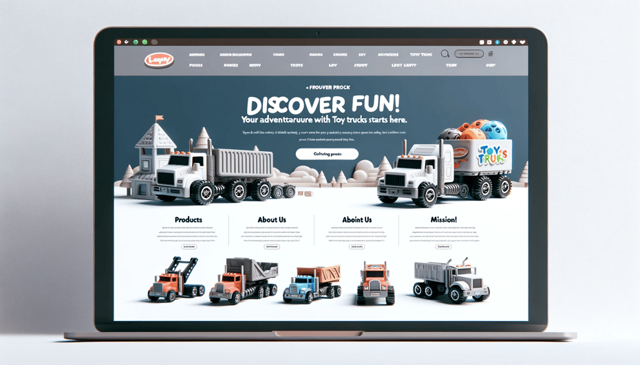 DALL·E 2023-12-18 13.18.54 - A simplified and neat homepage design for a fictional toy brand website, specializing in toy trucks. The header includes a simple brand logo and a nav