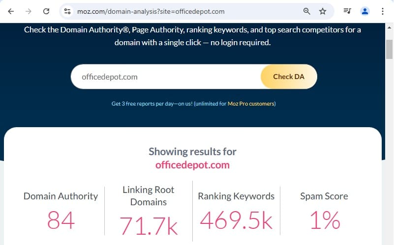 eCommerce domain authority example