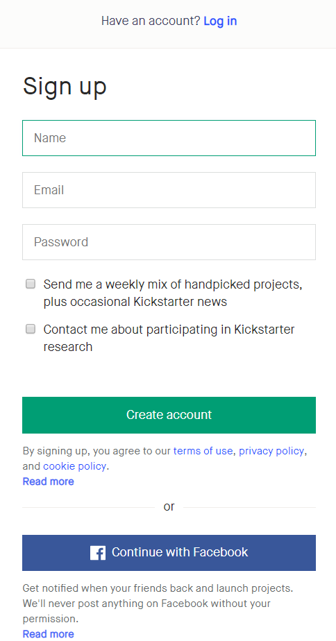eCommerce Landing Page Design Best Practices - Kickstarter's Minimal Sign Up Form