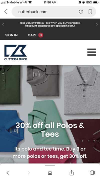 Mobile eCommerce Examples: Cutter & Buck Home Page